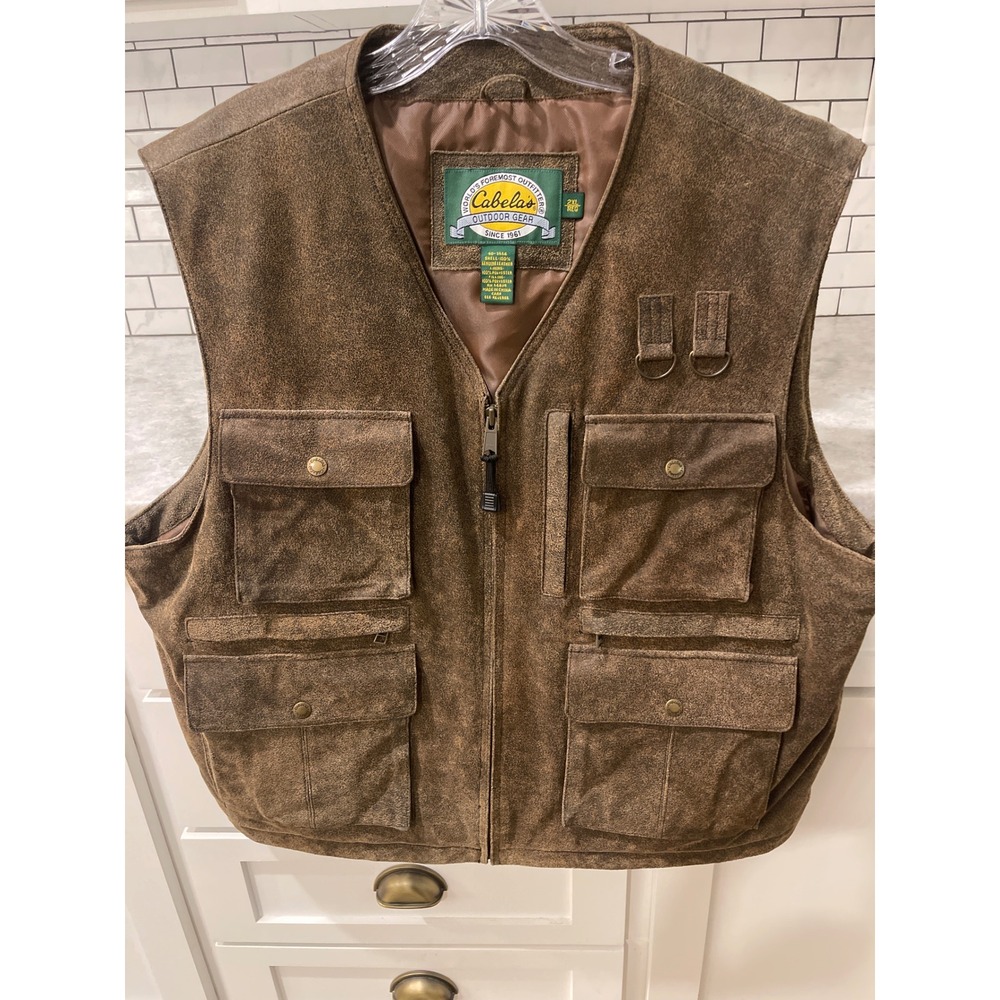 Cabela's Vest Mens 2XL Brown Leather Thinsulate Insulated Multi-Pocket Hunting